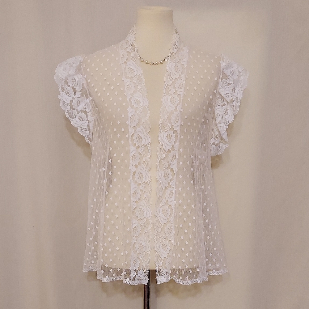 Alana Gale Elegant Vintage White Sheer Lace Open Front Sleep Cover Up